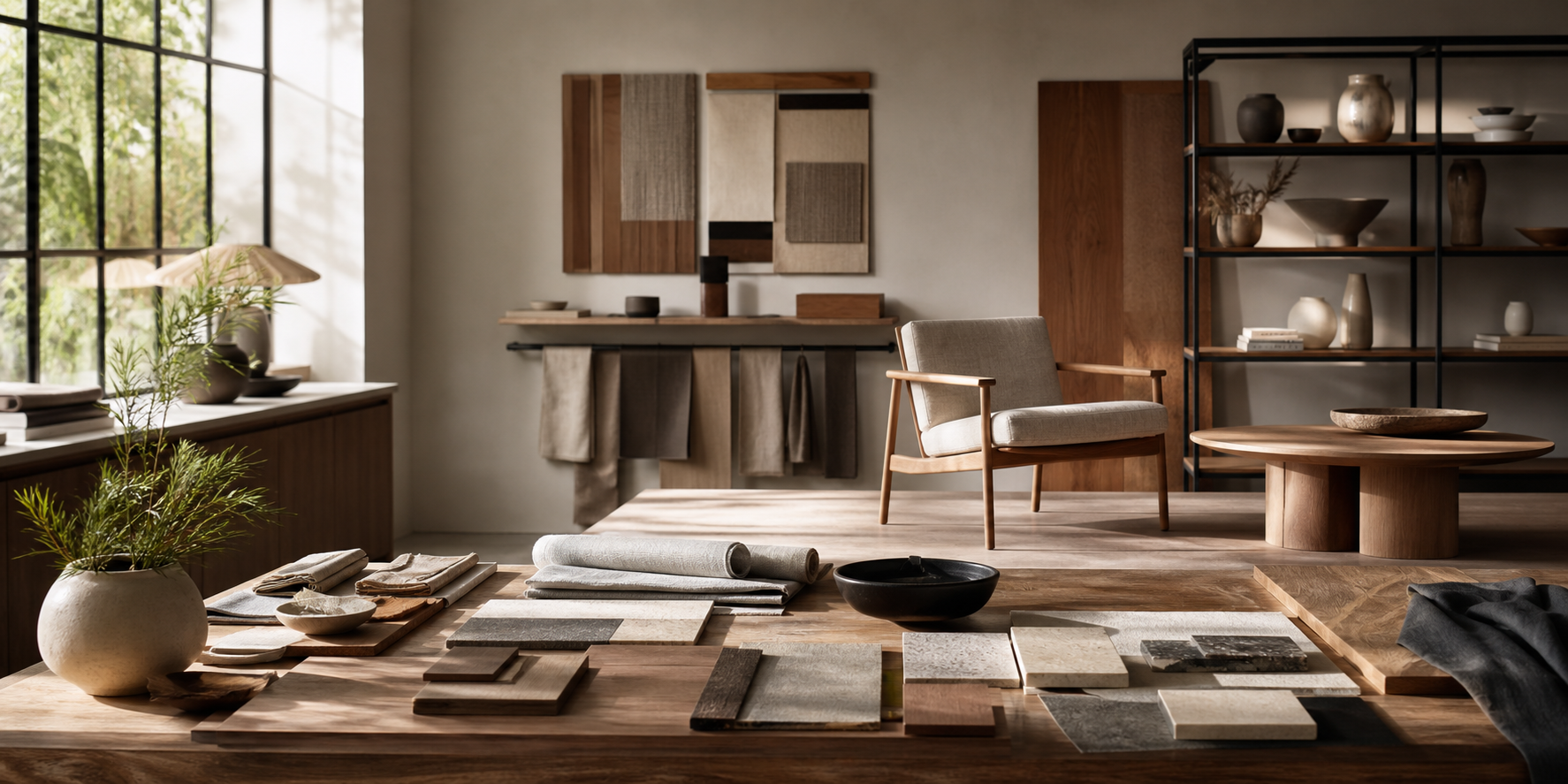 artisanの家具ショップサンプルで使用しているショールームと素材サンプルの写真